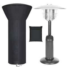 an outdoor patio heater next to a black bag