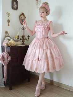 Pink Tiered Embroidery Scalloped Edge Trim Jumper Skirt Fancy Outfits, Fantasy Clothing, Style Me, Full Length