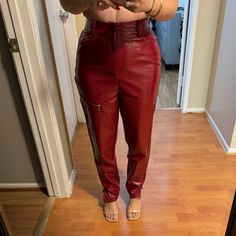 Red Leather Pants High Waist Beautiful Quality Shiny If You Love Red This Is The Pants For You,Size S Never Worn Brand Is By Egreis Red Straight Pants For Night Out, Burgundy Wide Leg Bottoms For Night Out, Red Straight Leg Bottoms For Night Out, High Waist Red Pants For Fall, Red Pants For Night Out In Fall, Red Tapered Leg Bottoms For Fall, Trendy Red Tapered Leg Bottoms, Trendy Burgundy Party Bottoms, Red Leather Pants