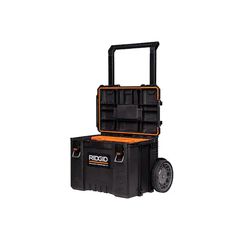 a black and orange tool box with wheels on the front is open to show it's contents