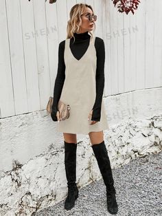 SHEIN Essnce Corduroy Solid Overall Dress Without Sweater | SHEIN USA Shirt Under Dress Outfit Winter, Sweaters To Wear With Dresses, Curvy Fall Dresses, Cute Outfits For September, December Dresses Outfit, Fall Fashion Thrift, 2024 Fall Dresses, Fall Semi Casual Outfits Women, Boot Dress Outfit