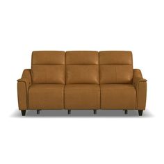 the reclining couch is shown in tan leather