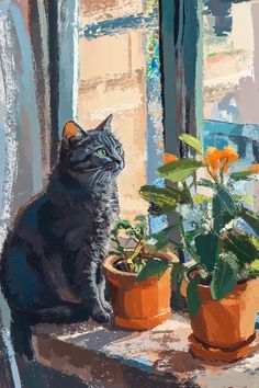 a painting of a cat sitting on a window sill next to potted plants