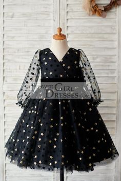 Black Gold Star Tulle V Back Long Sleeves Wedding Flower Girl Dress - Flower Girl Dresses Fashion Frocks, Black Knee Length Dress, Teen Dress, Wedding Dresses With Flowers, Girls Pageant Dresses, Wedding Flower Girl Dresses, Wedding Flower Girl, Long Sleeve Wedding, Girls Party Dress