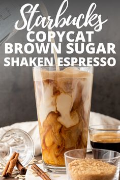 image of starbucks copycat recipe for shaken espresso with brown sugar and oatmilk swirling around the glass Starbucks Copycat Iced Coffee, Starbucks Coffee Drinks Iced Recipes, Keurig Starbucks Recipes, May Coffee Drinks, Mr Iced Coffee Recipes, Starbucks Iced Brown Sugar Oatmilk, Starbucks Iced Shaken Espresso Recipe, Iced Oatmilk Shaken Espresso, Iced Toasted Vanilla Oatmilk Shaken Espresso