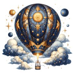 a hot air balloon flying through the sky with stars and clouds around it, surrounded by other objects