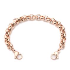 Durable, Rose Gold stainless steel, Rolo link medical ID bracelet strand that features stainless steel clasps on both ends. Available in 5 Sizes! Attach this bracelet to a medical ID tag. Tags are sold separate, or attach your own tag. Tag sizes vary Usually between 1.25" - 2" in length.Please add the tags length to the strand to achieve your overall length. If your tag is 1.5" long attaching it to a 6" strand your total length will be 7.5". Strand Measures  5 inches   (Child/Youth/Small Adult)S Rose Gold Metal Bracelet With Lobster Clasp, Metal Rose Gold Bracelet With Solid Link Construction, Classic Rose Gold Metal Chain Bracelet, Rose Gold Link Chain Bracelet With Lobster Clasp, Rose Gold Link Bracelets With Lobster Clasp, Modern Hypoallergenic Rose Gold Bracelet, Hypoallergenic Rose Gold Metal Bracelet, Emergency Bracelet, Interchangeable Bracelet