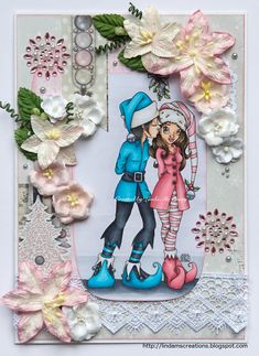 a card that has some flowers on the front and side of it, with two people kissing