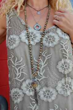 Spirit Lala: Statement Gem Taupe Mandala Tassel Necklace ♡ Product Highlights ♡ Our Spirit Lala: Statement Gem Taupe Mandala Tassel Necklace is the perfect accessory to add to any on-trend bohemian style outfit! Layered with any of our many statement necklaces, of your choosing, the Spirit Lala: Statement Gem Taupe Mandala Tassel Necklace will be sure to be a wonderful addition to any necklace layering style! ✁ Contents & Measurements ✁ Our Spirit Lala: Statement Gem Taupe Mandala Tassel Necklac Handmade Bohemian Necklaces For Summer, Bohemian Handmade Necklaces For Summer, Adjustable Bohemian Long Necklace With Tassels, Bohemian Long Necklace With Tassels, Bohemian Tassel Necklace For Festivals, Summer Brown Tassel Jewelry, Beaded Tassel Necklace For The Beach, Bohemian Long Necklace With Natural Stones For Beach, Bohemian Brown Lariat Beaded Necklaces