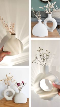 four different shots of vases with flowers in them and one being held up by someone's hand