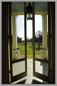 an open door leading to a grassy area with trees in the background and a light fixture hanging from the ceiling