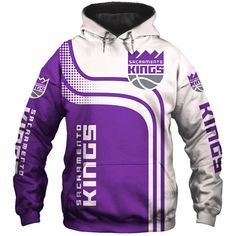 a purple and white hoodie with the sacramento kings on it