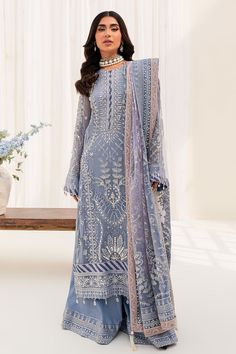 Product Description: 4 Piece Ready-To-Wear Embroidered & Hand-Embellished Chiffon Shirt With Embroidered Raw Silk Sharara Trouser & Inner. Lining Paired With Organza Embroidered & Foil Printed Dupatta With Patch Work. Silk Sharara, Lehenga Dress, Grey Wedding Dress, Desi Outfits, Luxury Pret, Pakistani Style