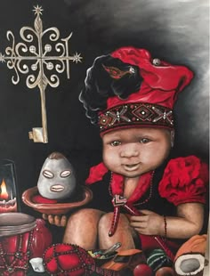 a painting of a child wearing a red hat and holding a plate with a candle in it