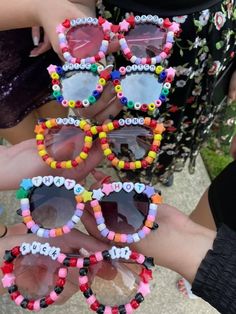 beaded sunglasses sayings vsco fun diy craft summer Beaded Sunglasses Ideas With Words, Sunglasses With Beads On Them, Sunglasses Ideas Diy, Sleepover Arts And Crafts, Decorating Sunglasses With Beads, How To Make Beaded Sunglasses, Beaded Glasses Ideas, Easy Summer Snack Ideas, Bead Sunglasses Diy