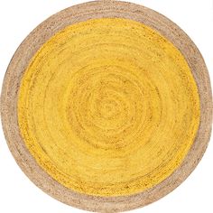 a round rug with yellow and brown colors on the bottom, against a white background