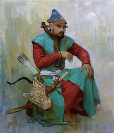 an oil painting of a man sitting on the ground with two arrows in his hand