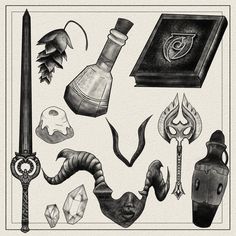 an image of various items drawn in pencil