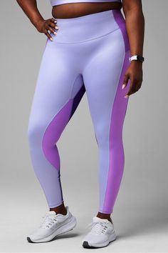 Motion365+ High-Waisted Shine Legging Fabletics purple female Activewear >> Womens >> Bottoms >> Leggings >> Full Length Motion365 plus Running/Training 4-Way Stretch/Moisture-Wicking/UPF Protection Sporty Purple Yoga Pants For Training, Compressive Athleisure Purple Yoga Pants, Purple Compressive Athleisure Yoga Pants, Compressive Purple Yoga Pants In Athleisure Style, Compressive Purple Yoga Pants For Athleisure, Purple Compressive Sporty Yoga Pants, Compressive Purple Yoga Pants For Sports, Lavender Fitted Activewear For Gym, Fitted Lavender Activewear For Gym