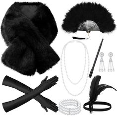 PRICES MAY VARY. Faux fur What You Will Get: this 1920s accessory for women includes 1 faux fur collar, 1 pearl necklace, 1 feather hair band, a pair of rhinestone earrings, a pair of black gloves, 1 plastic stick, 1 pearl bracelet, and 1 feather fan; A total of 8 pieces are packed; A variety of things help you create a retro look easily Create a Vintage Atmosphere: this flapper accessory for girls is full of retro and charming atmosphere; Wearing it, you can feel the elegant feeling of 1920s, i 1920s Flapper Costume, 1920s Accessories, Flapper Accessories, Faux Fur Shawl, Flapper Costume, Vintage Cape, Feather Fan, Flapper Girl, Feather Hair