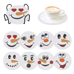 six snowman coasters with coffee cup and saucer