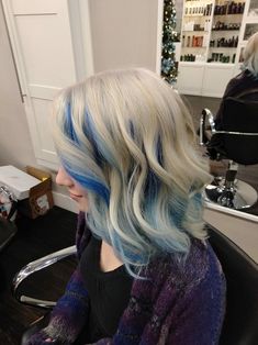 Short Blonde Hair With Blue Highlights, Platinum And Blue Hair, Blue And Blonde Hair Peekaboo Highlights, Blue Stripes Hair, Blonde With Blue Highlights, Blue And Blonde Hair, Blue Hair Underneath