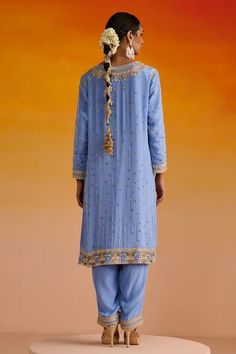 Blue kurta with sequins, dabka, nakshi and zari hand embroidery. Paired with a matching plain pant with embroidered hemline and an embroidered contrasting dupatta. - Aza Fashions Blue Embellished Salwar Kameez For Navratri, Blue Kurta, Kurta Pant Set, Plain Pants, Straight Kurta, Women Kurta, Kurta With Pants, Full Sleeves, Pant Set