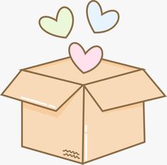 an open cardboard box with hearts coming out of the top and two smaller hearts above it