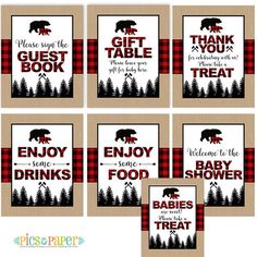 six baby shower signs with the words enjoy some food and an image of a bear