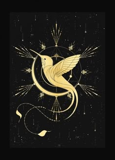 a golden bird flying through the air with stars and swirls on it's wings