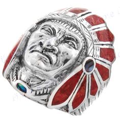 "Wide Heavy Native American Indian Chief Red Coral 925 Sterling Silver Ring,Size 8-13 This bold depiction of a Native American Indian chief is rendered in solid 925 sterling silver. The ring has a good weight to that gives it heft but still comfortable to wear. This ring has an oxidized finish that helps accentuate the fine detail in the piece. Silver Type: 925 Sterling Silver Ring Width: 32mm(1 1/4\") Ring Weight: 19 grams Ring Material: Genuine red sponge coral, paua Price: 52.95" Walrus Tusks, Silversmith Jewellery, Sponge Coral, Indian Chief, Bone Carving, Turquoise Rings, Native American Indians, American Indian, Red Coral