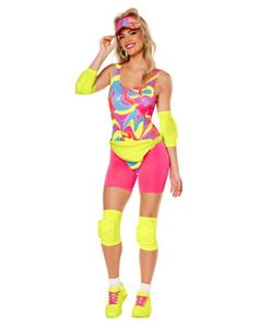 a woman wearing neon colored clothing and knee pads