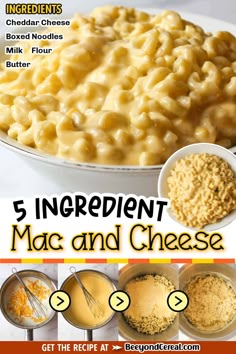 five ingredients for macaroni and cheese are shown in this recipe book, which includes instructions to make macaroni and cheese