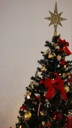 a decorated christmas tree with red and gold ornaments