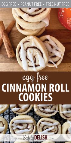 cinnamon roll cookies are stacked on top of each other and the title says egg free cinnamon roll cookies