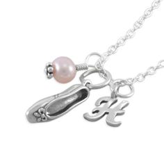 Ballet Slipper, Necklace, Recital Gifts, Ballerina, children jewelry, first birthday gifts, toddler jewelry, sterling silver, personalized, keepsake, for niece, for daughter, granddaughter, personalized birthstone, little girls birthday present, high end{Custom Made Ballet Slipper Necklace} HANNAHAccented with a sweet pastel pink pearl charm and an elegant Sterling Silver initial.This is the perfect recital gift!-.925 Sterling Silver.-Ballet Slipper is just over 1/2" -Handmade Wire Wrapped Pink Gifts For Niece, Ballet Earrings, Recital Gifts, Ballet Necklace, Ballet Jewelry, Toddler Jewelry, Birthday Presents For Girls, Pearl Charm Necklace, Initial Earrings