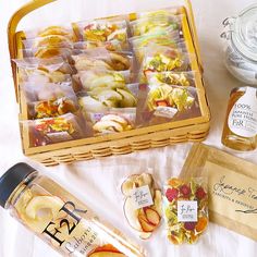 an assortment of food items displayed on a table