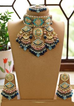 Material : beads,stone,kundan A Gift for someone most adorable for you. Earrings made of brass,stone. Earrings : 1 Pair. Necklace : 1 Luxury Cutdana Jewelry For Navratri, Long Indian Necklace, Green Beads Necklace, Pair Necklace, Maang Tika, Green Beaded Necklace, Necklace Indian, Stone Choker, Indian Necklace