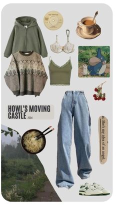 Comfy Cute Clothes Aesthetic, Casual Nature Outfits, Green Based Outfits, Lazy Cottagecore Outfits, Baggy Cottagecore Outfits, Cottagecore Aesthetic Outfits Casual, Green Nature Outfit, Vintage Comfy Outfit, Ghibli Outfits Aesthetic