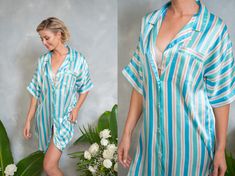 Vintage 90s Blue Striped nightgown lingerie midi  Oversize fit Buttons up the front Measurements- Estimated Size: Small/Medium/Large Bust: 42" Waist : 42" Hips: --- Length: 33" Sleeve: 11" Model is 5'9 and measures 32/25/34 Green Summer Sleepwear For Pajama Party, Green Sleepwear For Summer Pajama Party, Summer Nightgown For Pajama Party With Relaxed Fit, Relaxed Fit Summer Nightgown For Pajama Party, Summer Short Sleeve Nightgown For Pajama Party, Green Short Sleeve Summer Nightgown, Green Summer Nightgown, Blue Nightgown For Spring Lounging, Spring Blue Nightgown For Lounging