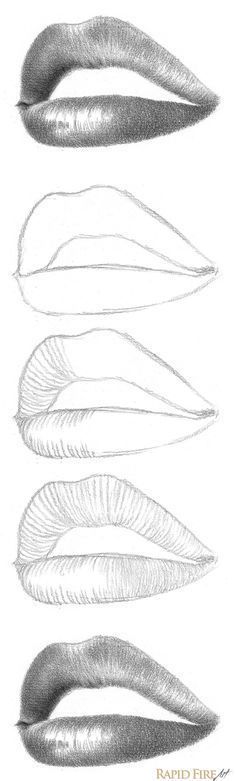 four different types of lips drawn in pencil on white paper with the words, how to draw