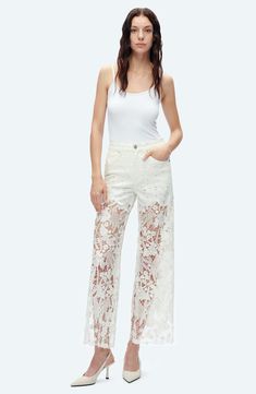 Your favorite standby jeans get a fancy-pants update in this high-waist style, which starts in classic denim studded with a mix of crystals and then shifts to sheer panels of guipure lace. 3 1/2" inseam; 24" leg opening; 11" front rise; 15" back rise Zip fly with button closure Five-pocket style 94% cotton, 4% polyester, 2% spandex Machine wash, line dry Imported Luxury High-waist Lace Bottoms, White Embroidered Lace Bottoms, Embellished Fitted Wide-leg Bottoms, White High-waist Bottoms With Frayed Hem, Stretch Lace Full-length Pants, Favorite Daughter, Romantic Dress, Maternity Shops, Fancy Pants