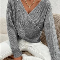 Gray Pearl Sweater Boho Layering, Textured Sweater, Wrap Sweater, Knitwear Women, Grey Sweater, Colorful Sweaters, Vneck Sweater, Drop Shoulder, Long Sleeve Sweater