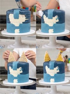 the process of decorating a cake with blue and white frosting