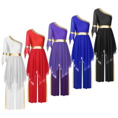 four different colored dresses with gold trims on the sides and one in black, white, red, blue