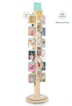 a wooden stand with pictures and cards on the front, along with a white background