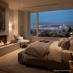 a bedroom with a large window and a view of the city at night from it's bed