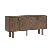 the sideboard is made from wood and has two doors on each side, one door open