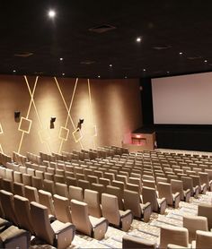 an empty auditorium with rows of chairs and projector screen on the wall behind it