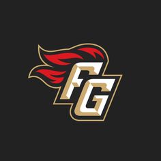 the fg logo on a black background with red and yellow flames coming out of it